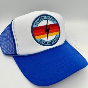 NWT Aviator Nation Bolt Trucker Hat Royal Blue / White Rock and roll logo patch